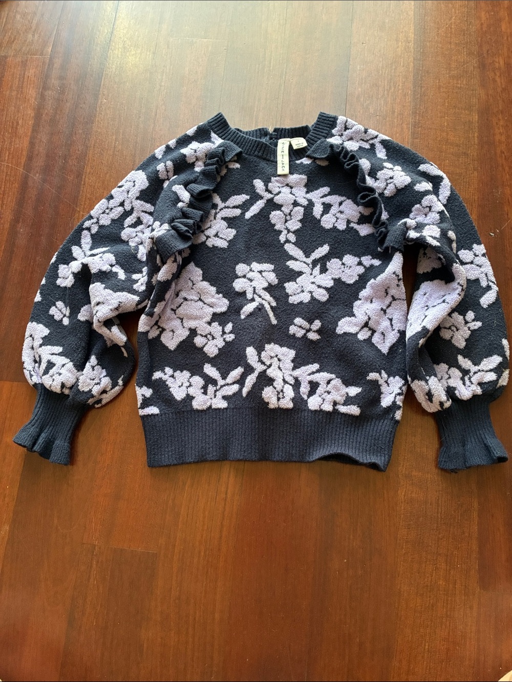 Janie and Jack Floral Ruffle Puff-Sleeve Sweater - navy & Light Lavender